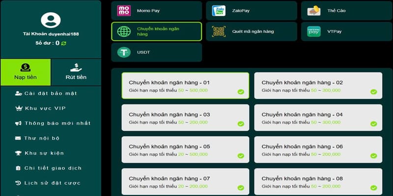 Nạp tiền phổ biến qua chuyển khoản ngân hàng